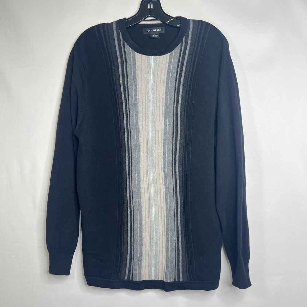 John Henry Black Grey Striped Crewneck Sweater Mens Large Vertical Knit Pullover
